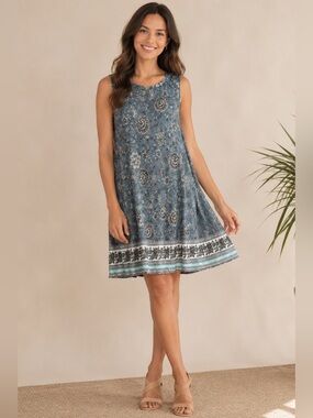 NWT LOFT Blue Teal Floral Border Print Sleeveless Swing Dress XS